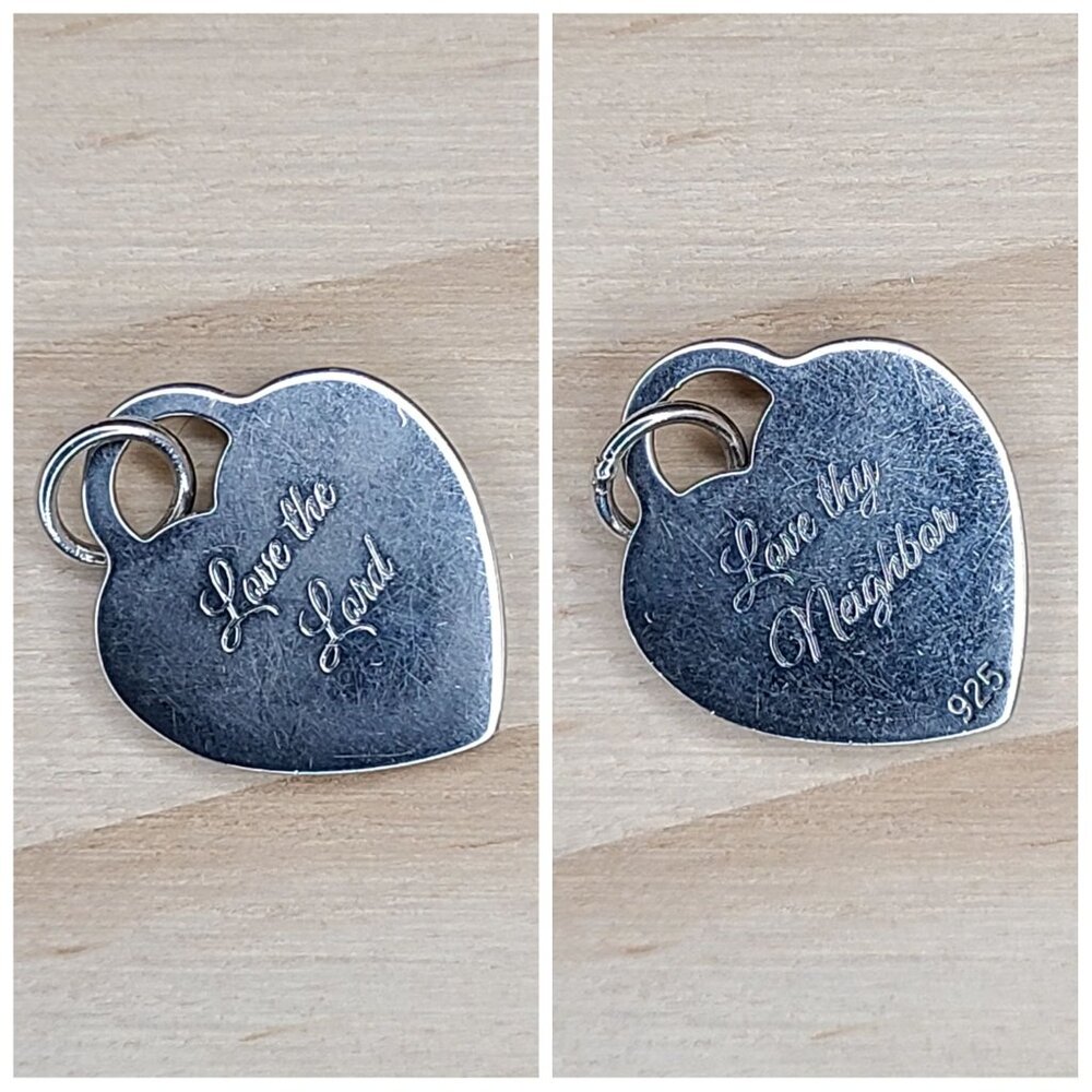 Vtg Sterling Silver Heart Pendant "Love The Lord/Love Thy Neighbor" Engraved .5"